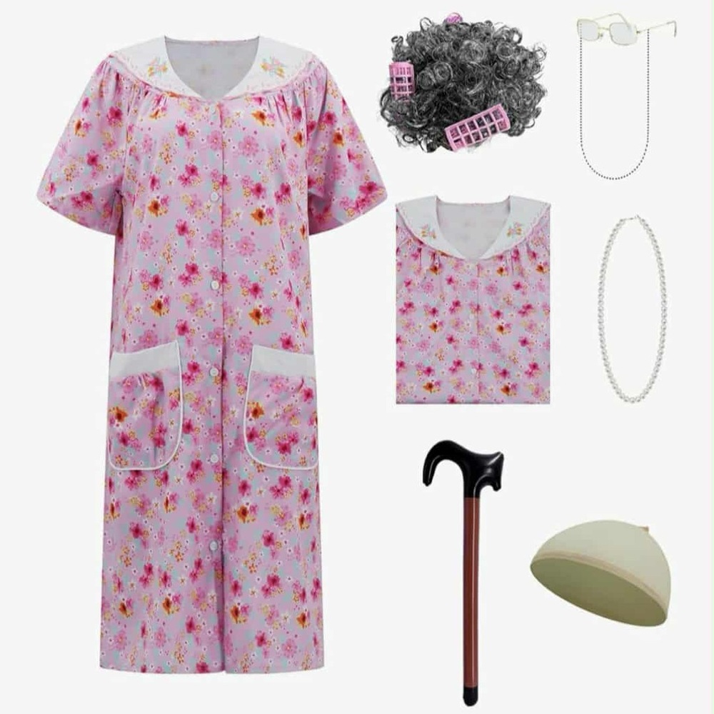 Granny costume Floral Pink Nightgown with Accessories
